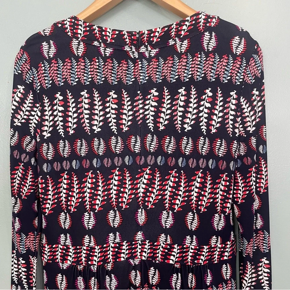 Tory Burch Viscose Fantasy‎ Printed Dress Navy Blue Long Sleeve V Neck Medium